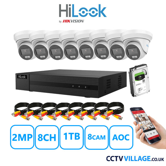 HiLook 2MP CCTV Kit 8 Channel DVR-208G-K1 with 8 Turret Cameras THC-T229-MS White 1TB HDD Full Kit