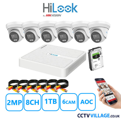 HiLook 2MP CCTV System 8 Channel DVR-108G-K1 with 6 Turret Cameras THC-T229-MS White 1TB HDD Full Kit