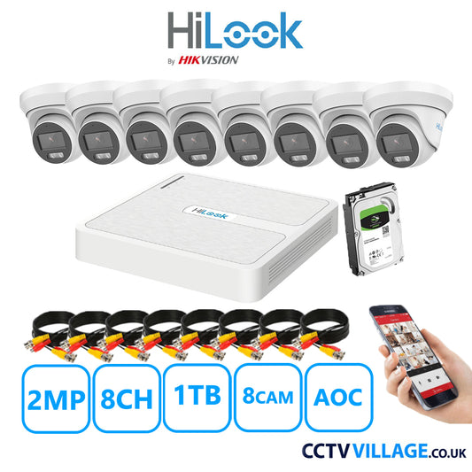 HiLook 2MP CCTV System 8 Channel DVR-108G-K1 with 8 Turret Cameras THC-T229-Ms White 1TB HDD Full Kit