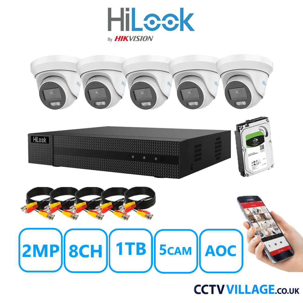 HiLook 2MP CCTV Kit 8 Channel DVR-208G-K1 with 5 Turret Cameras THC-T229-MS White 1TB HDD Full Kit