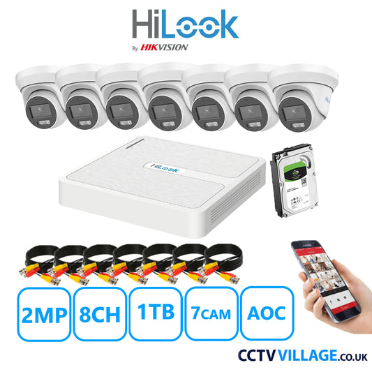 HiLook 2MP CCTV Kit 8 Channel DVR-108G-K1 with 7 Turret Cameras THC-T229-MS White 1TB HDD Full Kit