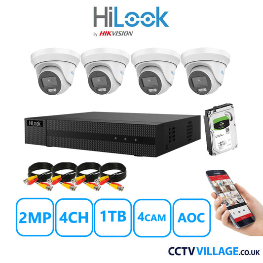 HiLook 2MP CCTV System 4 Channel DVR-204G-K1 with 4 Turret Cameras THC-T229-MS White 1TB HDD Full Kit