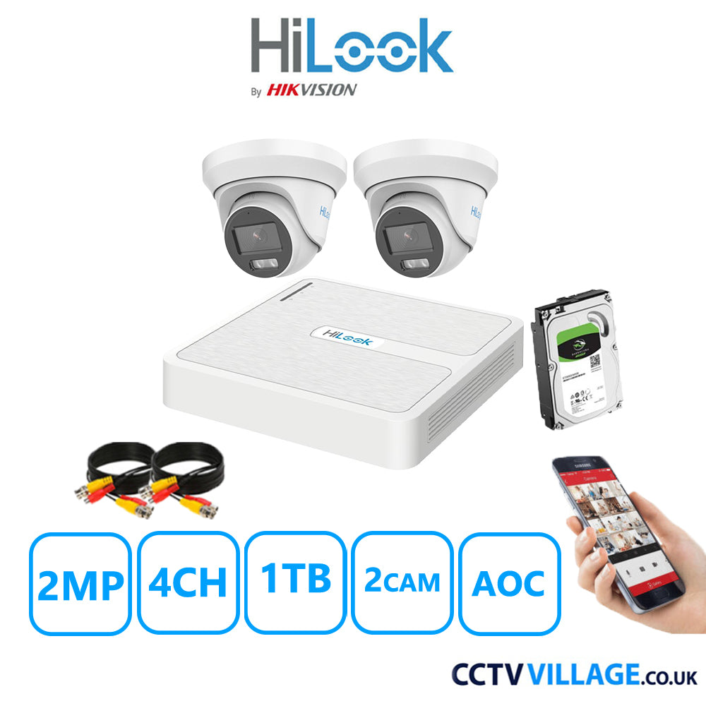 HiLook 2MP CCTV Kit 4 Channel DVR-104G-K1 with 2 Turret Cameras THC-T229-MS White 1TB HDD Full Kit