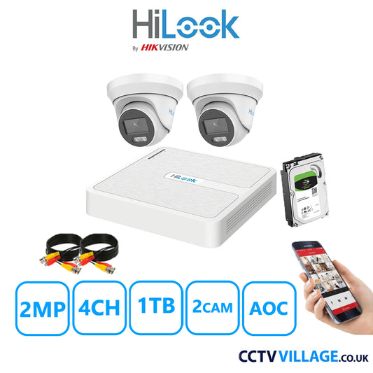 HiLook 2MP CCTV System 4 Channel DVR-104G-K1 with 2 Turret Cameras THC-T229-MS White 1TB HDD Full Kit