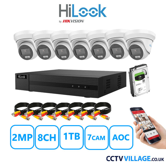 HiLook 2MP CCTV System 8 Channel DVR-208G-K1 with 7 Turret Cameras THC-T229-MS White 1TB HDD Full Kit