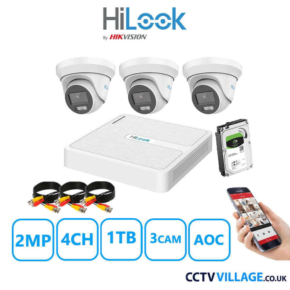 HiLook 2MP CCTV Kit 4 Channel DVR-104G-K1 with 3 Turret Cameras THC-T229-MS White 1TB HDD Full Kit