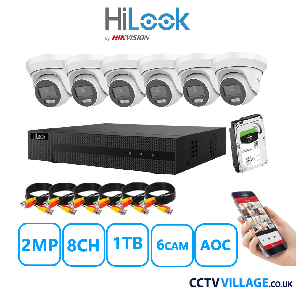 HiLook 2MP CCTV Kit 8 Channel DVR-208G-K1 with 6 Turret Cameras THC-T229-MS White 1TB HDD Full Kit