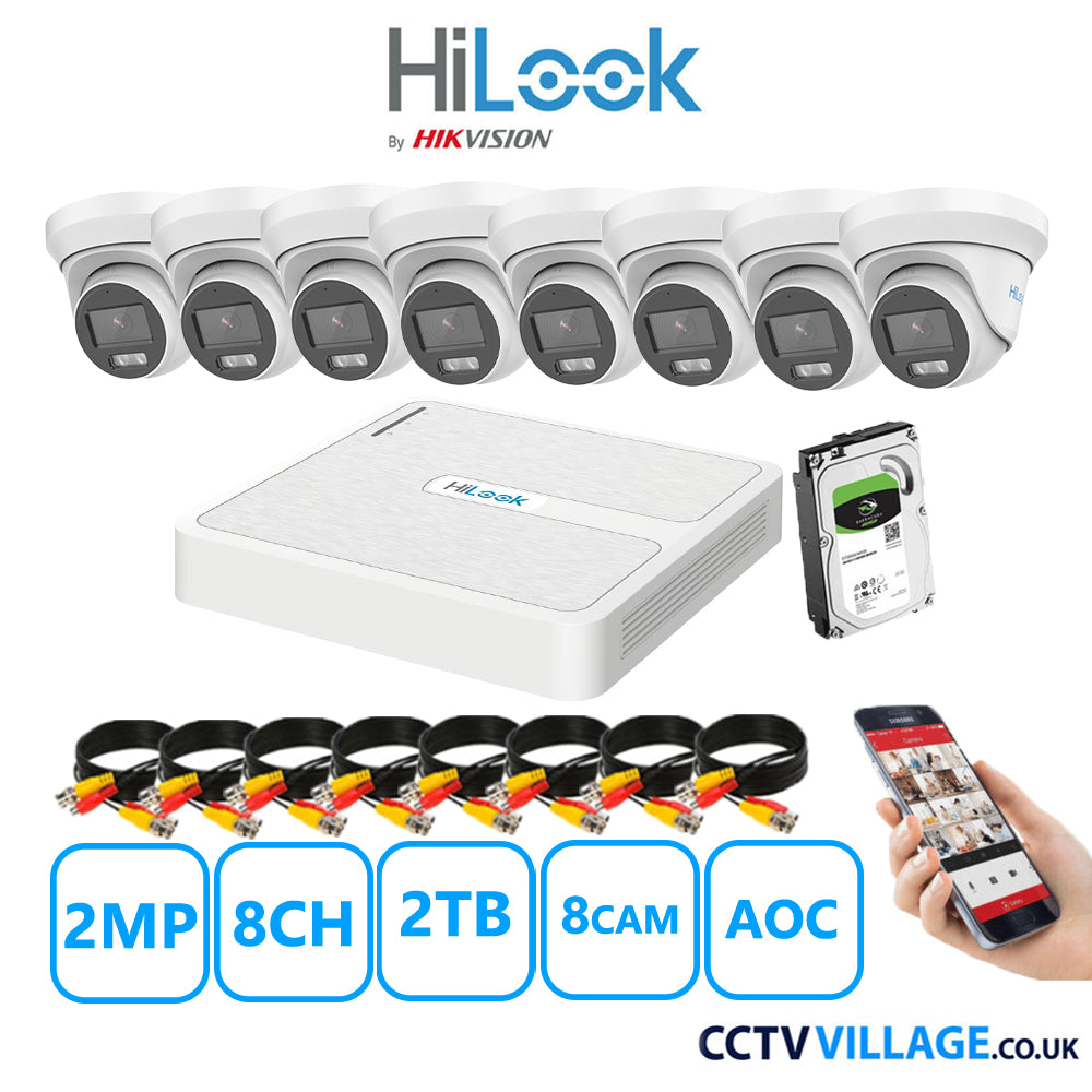 HiLook 2MP CCTV Kit 8 Channel DVR-108G-K1 with 8 Turret Cameras THC-T229-Ms White 2TB HDD Full Kit