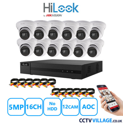 HiLook 5MP CCTV System 16 Channel DVR-216Q-M1 with 12 Turret Cameras THC-T250-MS White No HDD Full Kit