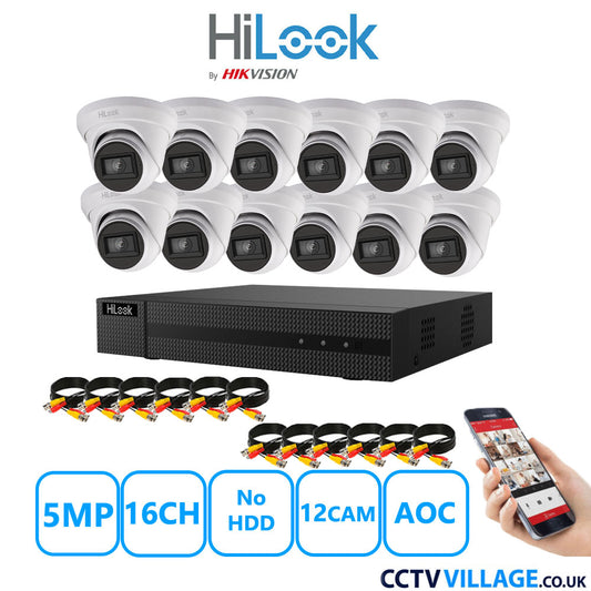 HiLook 5MP CCTV Kit 16 Channel DVR-216Q-M1 with 12 Turret Cameras THC-T250-MS White No HDD Full Kit