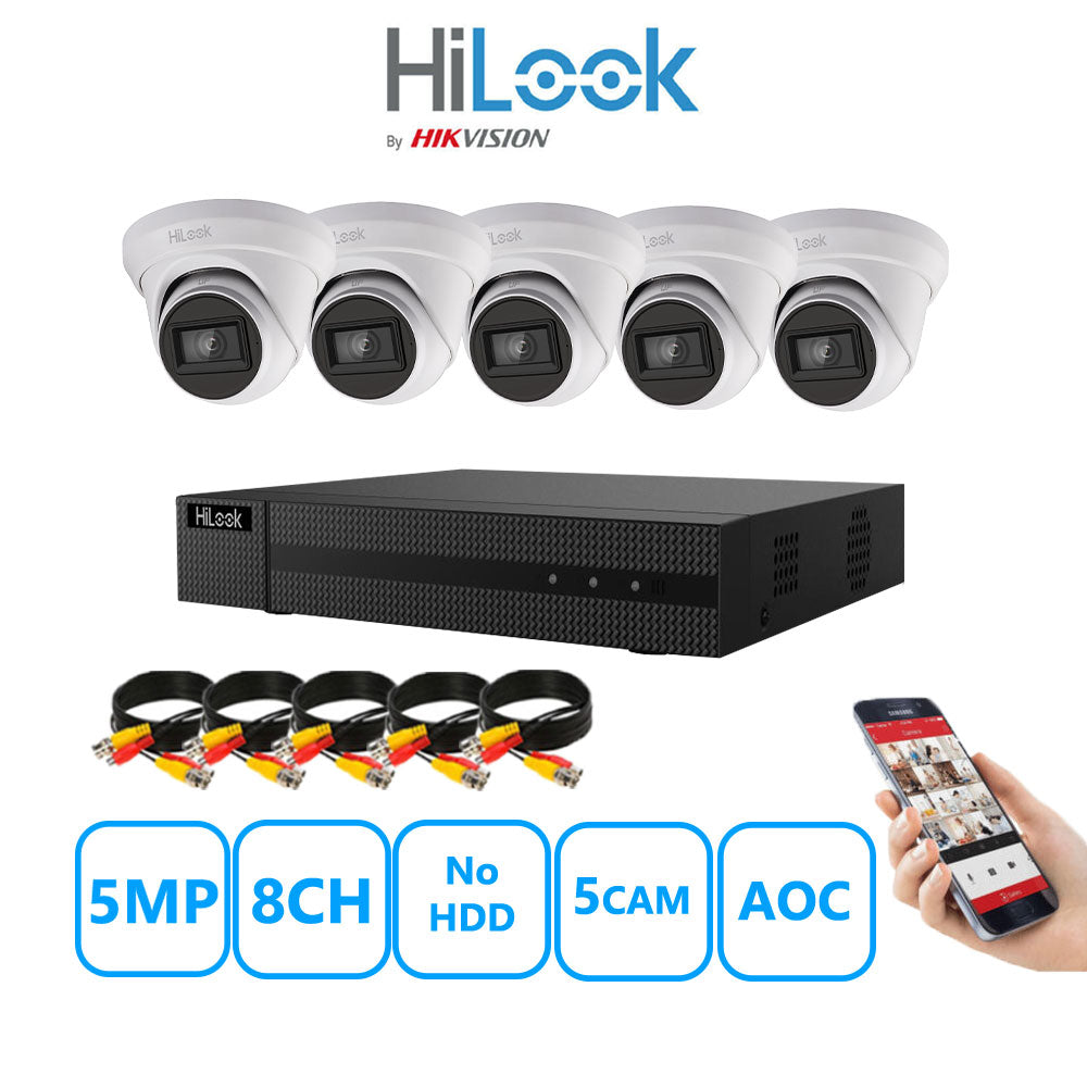 HiLook 5MP CCTV Kit 8 Channel DVR-208Q-M1 with 5 Turret Cameras THC-T250-MS White No HDD Full Kit