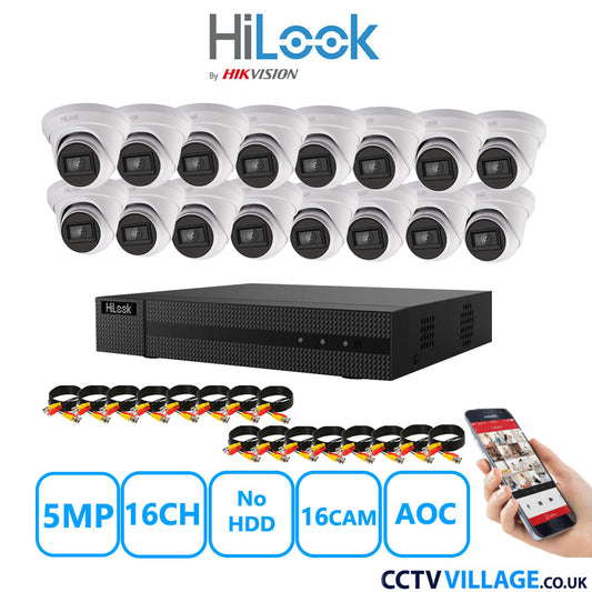 HiLook 5MP CCTV System 16 Channel DVR-216Q-M1 with 16 Turret Cameras THC-T250-MS White No HDD Full Kit