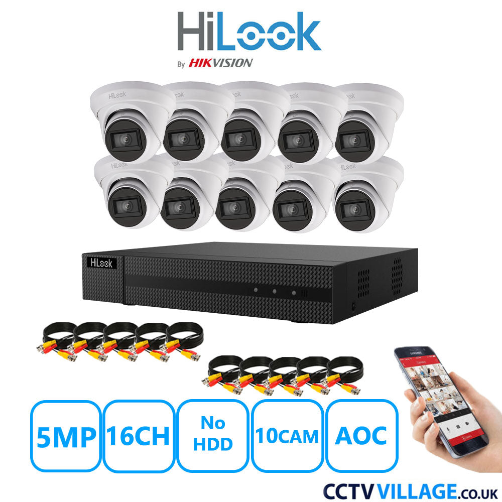 HiLook 5MP CCTV Kit 16 Channel DVR-216Q-M1 with 10 Turret Cameras THC-T250-MS White No HDD Full Kit