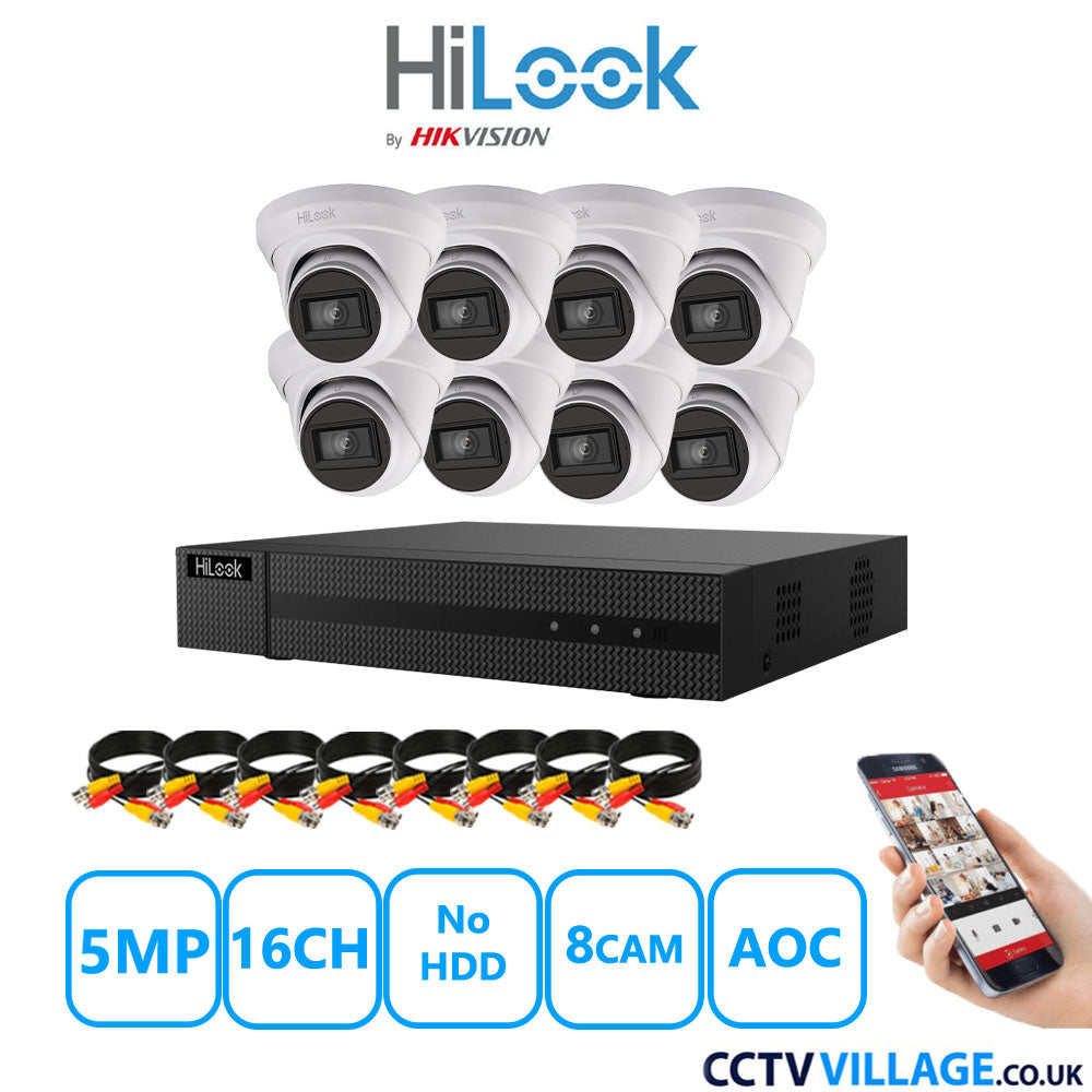 HiLook 5MP CCTV Kit 16 Channel DVR-216Q-M1 with 8 Turret Cameras THC-T250-MS White No HDD Full Kit