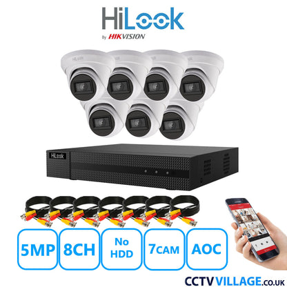 HiLook 5MP CCTV System 8 Channel DVR-208Q-M1 with 7 Turret Cameras THC-T250-MS White No HDD Full Kit