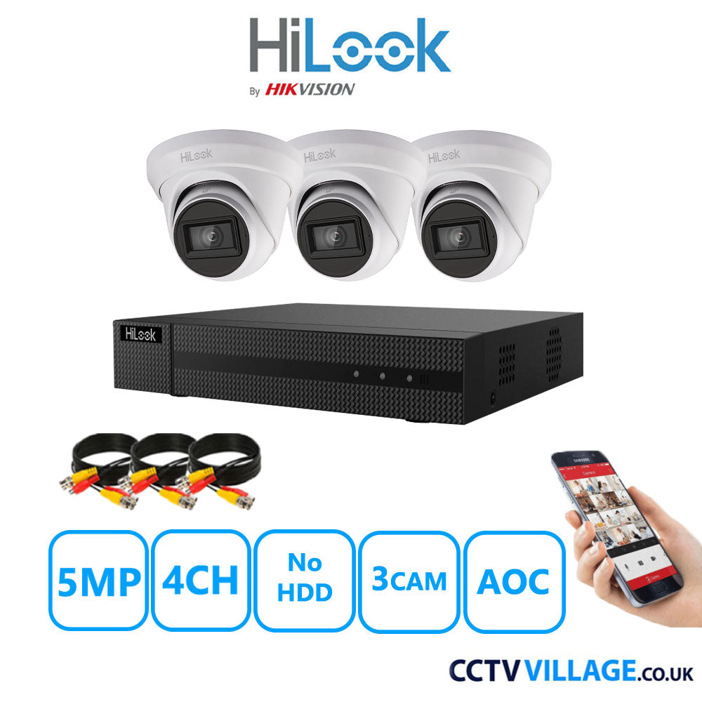 HiLook 5MP CCTV Kit 4 Channel DVR-204Q-M1 with 3 Turret Cameras THC-T250-MS White No HDD Full Kit