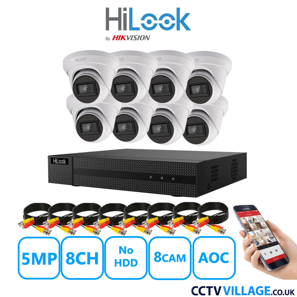 HiLook 5MP CCTV Kit 8 Channel DVR-208Q-M1 with 8 Turret Cameras THC-T250-MS White No HDD Full Kit