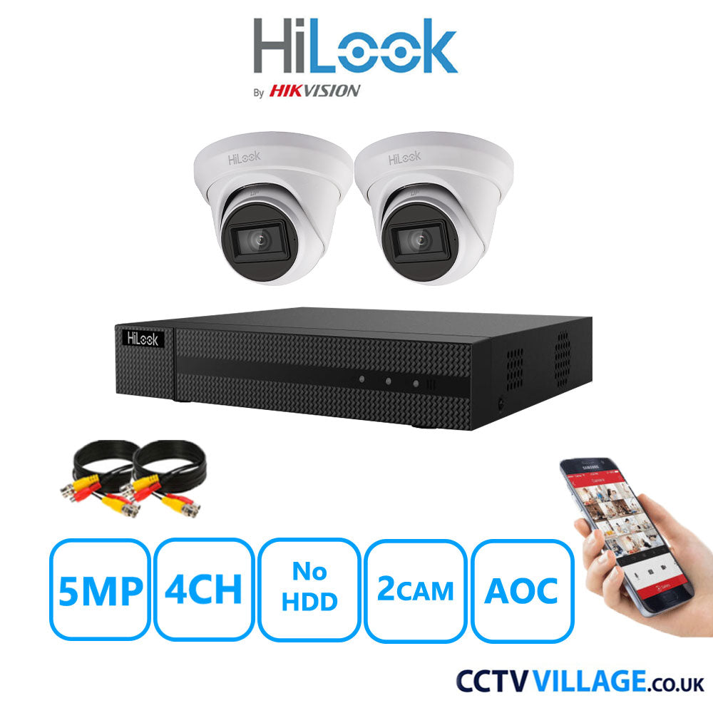 HiLook 5MP CCTV Kit 4 Channel DVR-204Q-M1 with 2 Turret Cameras THC-T250-MS White No HDD Full Kit