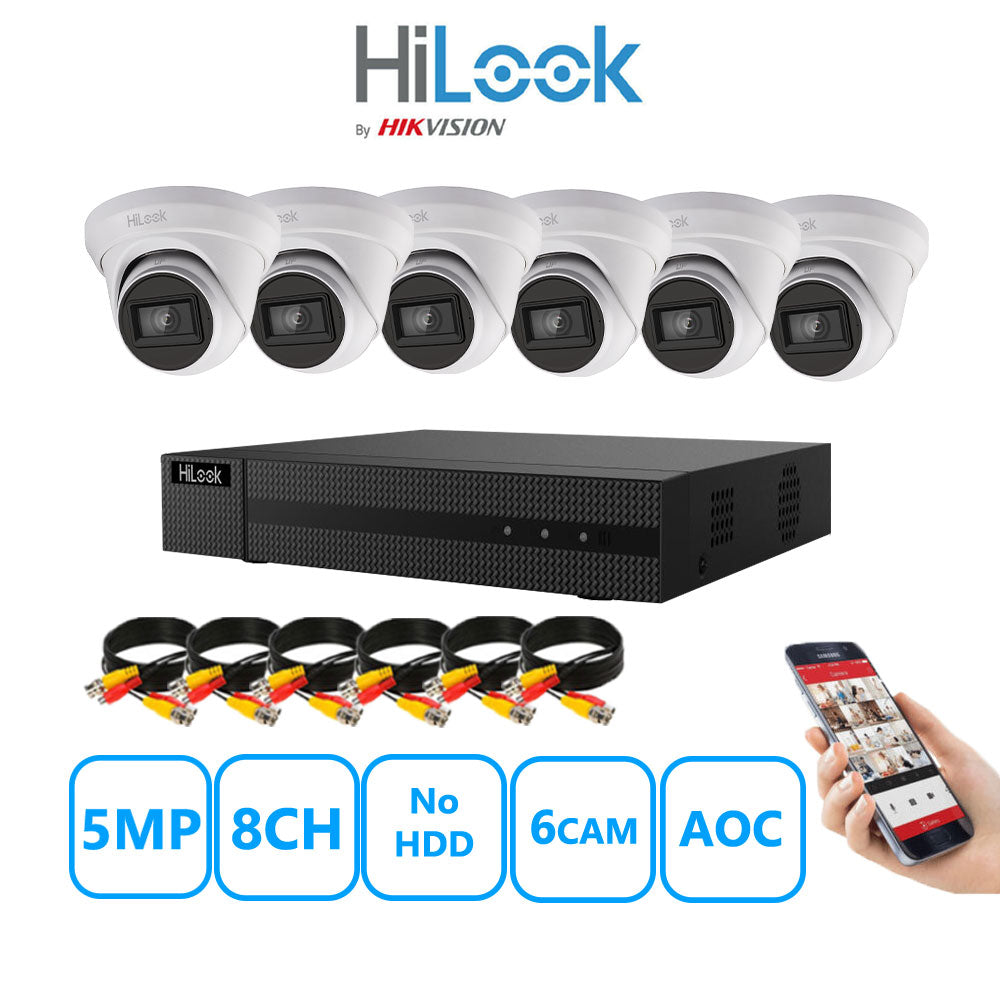 HiLook 5MP CCTV Kit 8 Channel DVR-208Q-M1 with 6 Turret Cameras THC-T250-MS White No HDD Full Kit