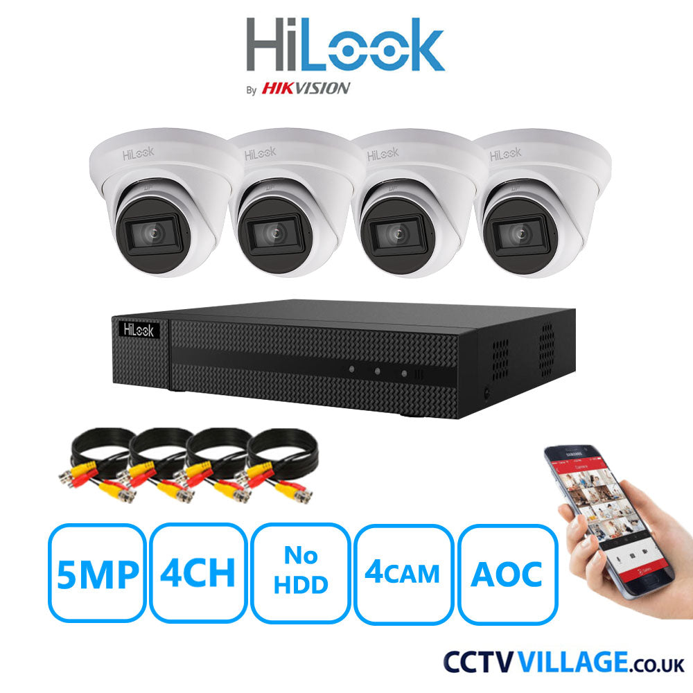 HiLook 5MP CCTV Kit 4 Channel DVR-204Q-M1 with 4 Turret Cameras THC-T250-MS White No HDD Full Kit