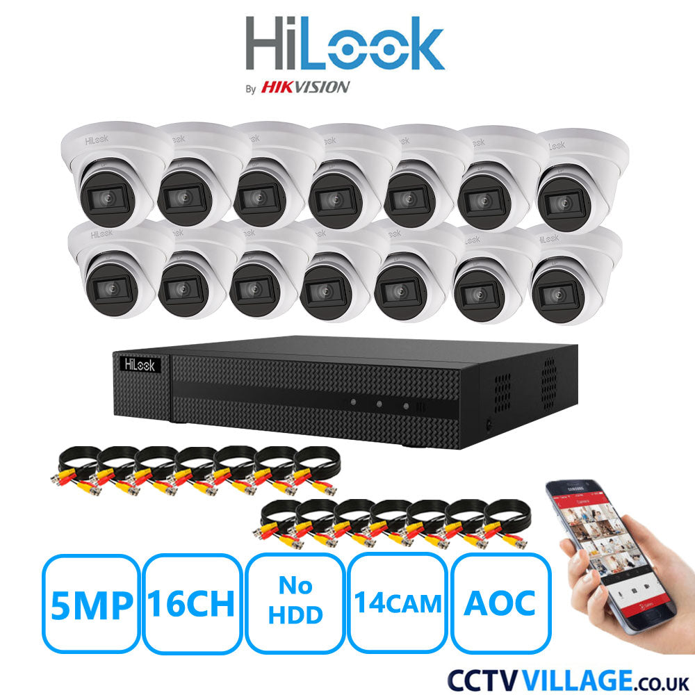 HiLook 5MP CCTV Kit 16 Channel DVR-216Q-M1 with 14 Turret Cameras THC-T250-MS White No HDD Full Kit