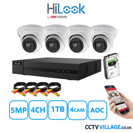 HiLook 5MP CCTV Kit 4 Channel DVR-204Q-M1 with 4 Turret Cameras THC-T250-MS White 1TB HDD Full Kit