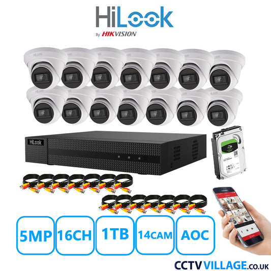 HiLook 5MP CCTV Kit 16 Channel DVR-216Q-M1 with 14 Turret Cameras THC-T250-MS White 1TB HDD Full Kit