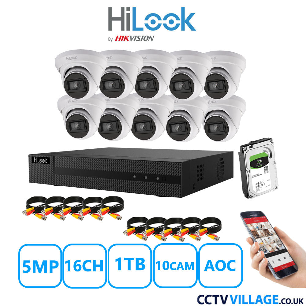 HiLook 5MP CCTV Kit 16 Channel DVR-216Q-M1 with 10 Turret Cameras THC-T250-MS White 1TB HDD Full Kit