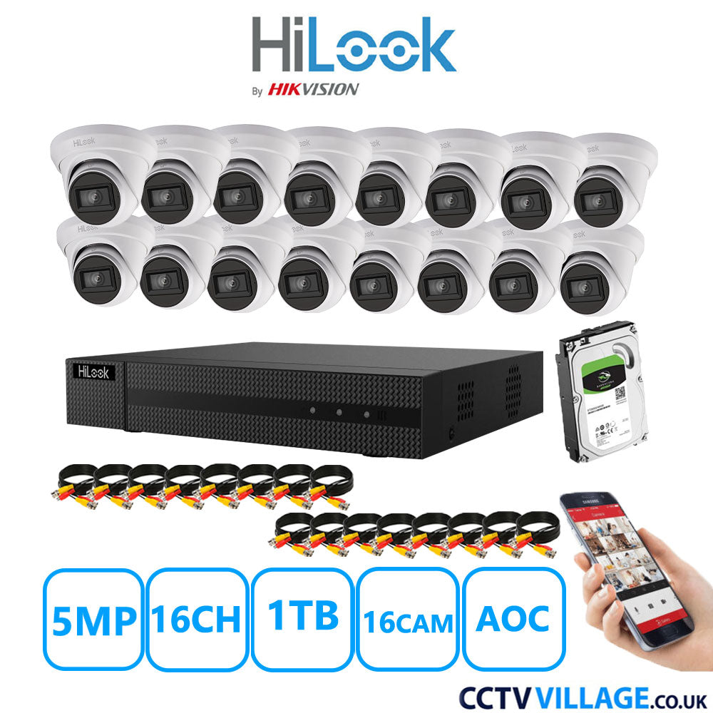 HiLook 5MP CCTV Kit 16 Channel DVR-216Q-M1 with 16 Turret Cameras THC-T250-MS White 1TB HDD Full Kit