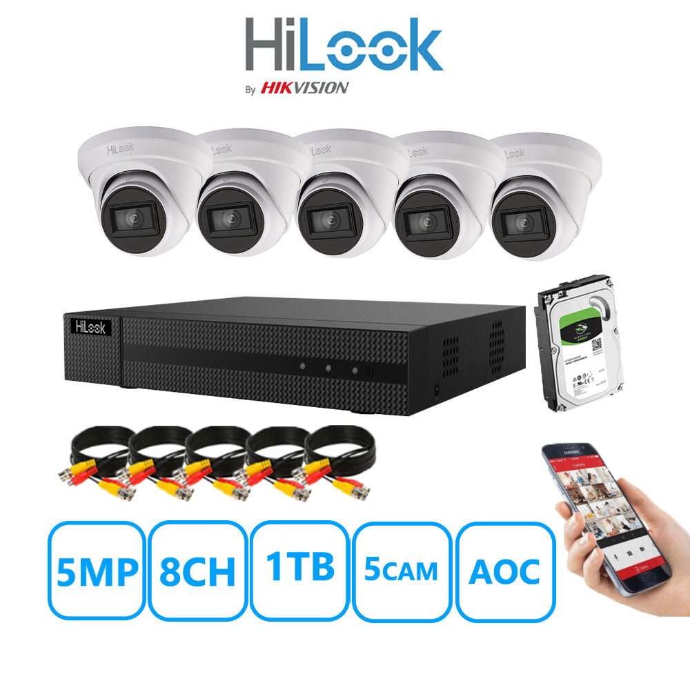 HiLook 5MP CCTV Kit 8 Channel DVR-208Q-M1 with 5 Turret Cameras  THC-T250-MS White 1TB HDD Full Kit