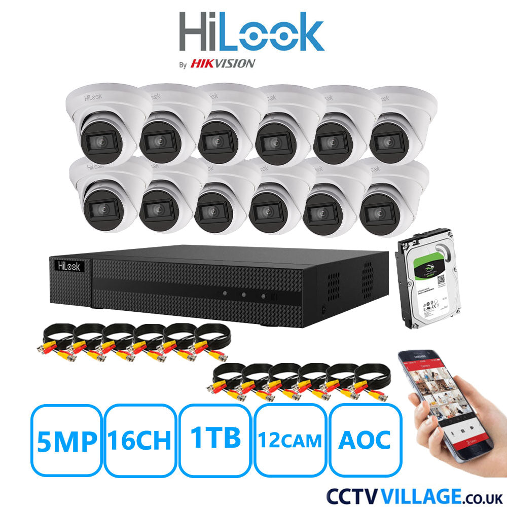 HiLook 5MP CCTV Kit 16 Channel DVR-216Q-M1 with 12 Turret Cameras THC-T250-MS White 1TB HDD Full Kit