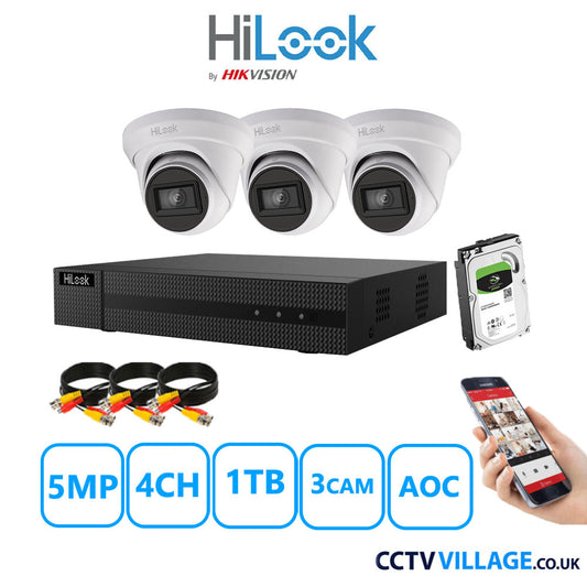 HiLook 5MP CCTV Kit 4 Channel DVR-204Q-M1 with 3 Turret Cameras THC-T250-MS White 1TB HDD Full Kit