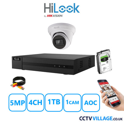 HiLook 5MP CCTV System 4 Channel DVR-204Q-M1 with 1 Turret Camera THC-T250-MS White 1TB HDD Full Kit