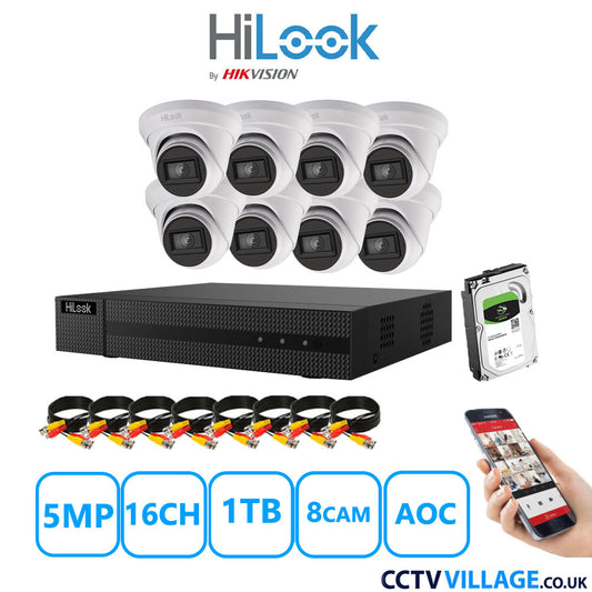 HiLook 5MP CCTV System 16 Channel DVR-216Q-M1 with 8 Turret Cameras THC-T250-MS White 1TB HDD Full Kit