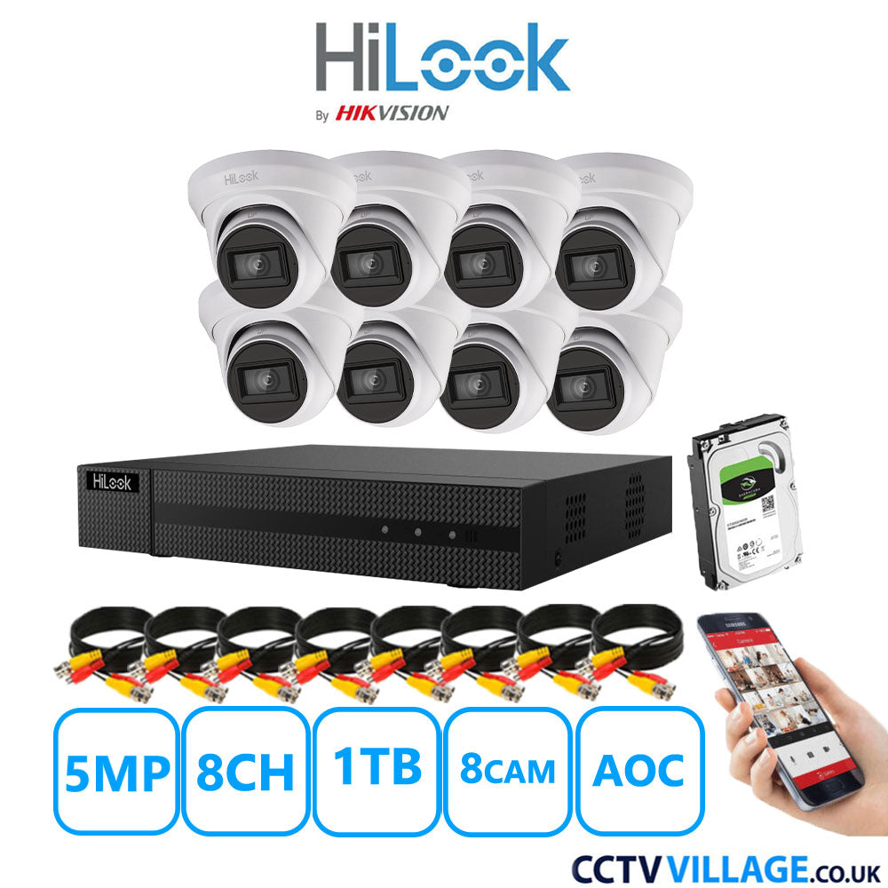 HiLook 5MP CCTV Kit 8 Channel DVR-208Q-M1 with 8 Turret Cameras THC-T250-MS White 1TB HDD Full Kit