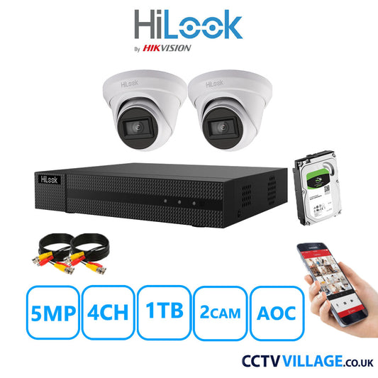 HiLook 5MP CCTV Kit 4 Channel DVR-204Q-M1 with 2 Turret Cameras THC-T250-MS White 1TB HDD Full Kit