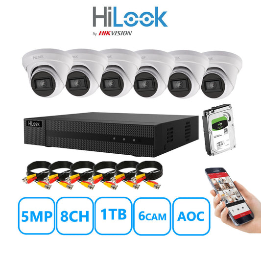 HiLook 5MP CCTV Kit 8 Channel DVR-208Q-M1 with 6 Turret Cameras THC-T250-MS White 1TB HDD Full Kit