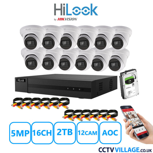 HiLook 5MP CCTV System 16 Channel DVR-216Q-M1 with 12 Turret Cameras THC-T250-MS White 2TB HDD Full Kit