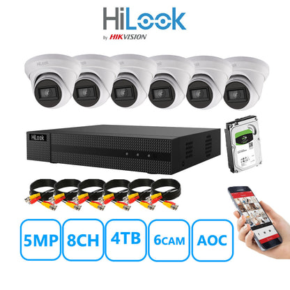 HiLook 5MP CCTV System 8 Channel DVR-208Q-M1 with 6 Turret Cameras THC-T250-MS White 4TB HDD Full Kit