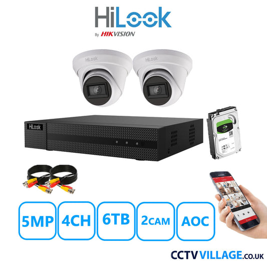 HiLook 5MP CCTV System 4 Channel DVR-204Q-M1 with 2 Turret Cameras THC-T250-MS White 6TB HDD Full Kit