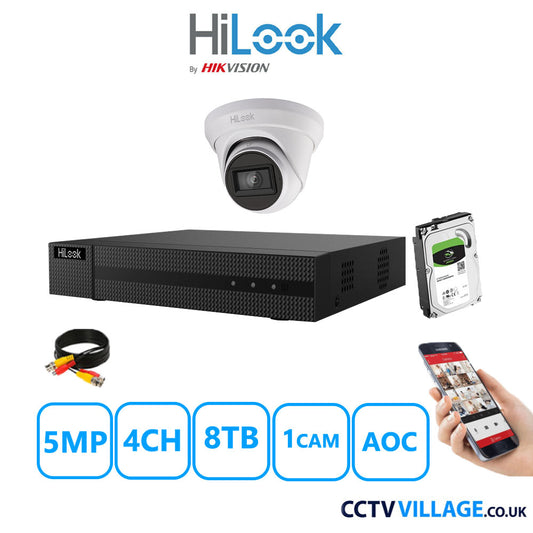 HiLook 5MP CCTV Kit 4 Channel DVR-204Q-M1 with 1 Turret Camera THC-T250-MS White 8TB HDD Full Kit