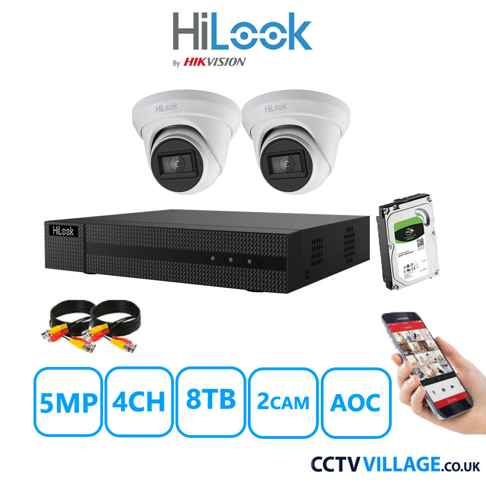 HiLook 5MP CCTV Kit 4 Channel DVR-204Q-M1 with 2 Turret Cameras THC-T250-MS White 8TB HDD Full Kit