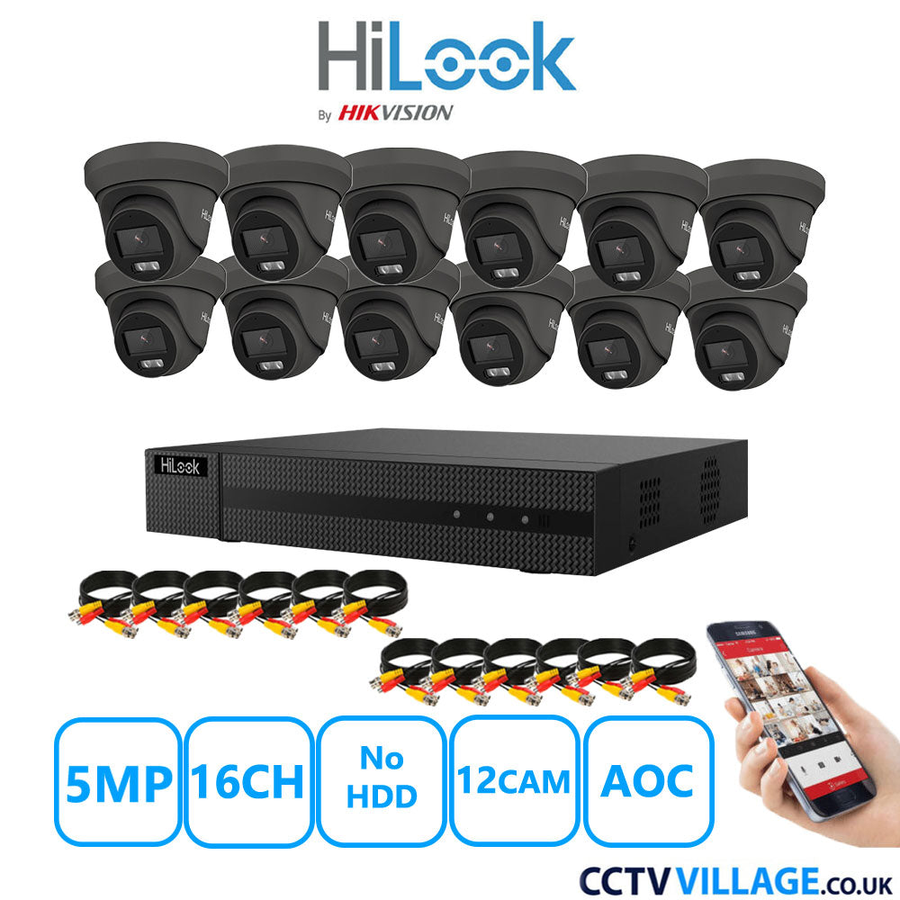 HiLook 5MP CCTV Kit 16 Channel DVR-216Q-M1 with 12 Turret Cameras THC-T259-MS Grey No HDD Full Kit