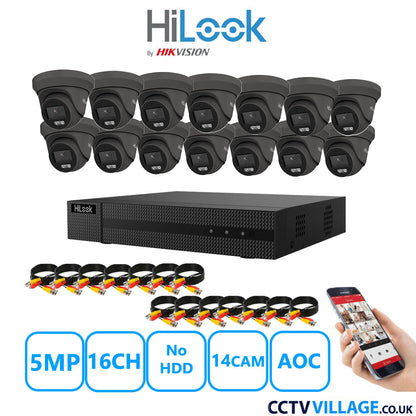 HiLook 5MP CCTV System 16 Channel DVR-216Q-M1 with 14 Turret Cameras THC-T259-MS Grey No HDD Full Kit