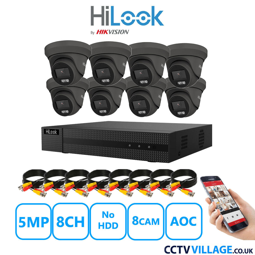 HiLook 5MP CCTV Kit 8 Channel DVR-208Q-M1 with 8 Turret Cameras THC-T259-MS Grey No HDD Full Kit