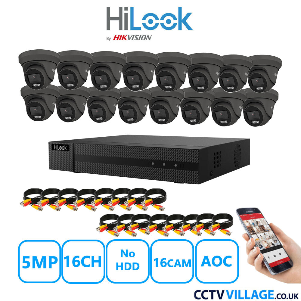 HiLook 5MP CCTV Kit 16 Channel DVR-216Q-M1 with 16 Turret Cameras THC-T259-MS Grey No HDD Full Kit