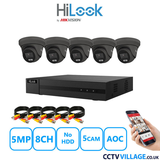 HiLook 5MP CCTV System 8 Channel DVR-208Q-M1 with 5 Turret Cameras THC-T259-MS Grey No HDD Full Kit