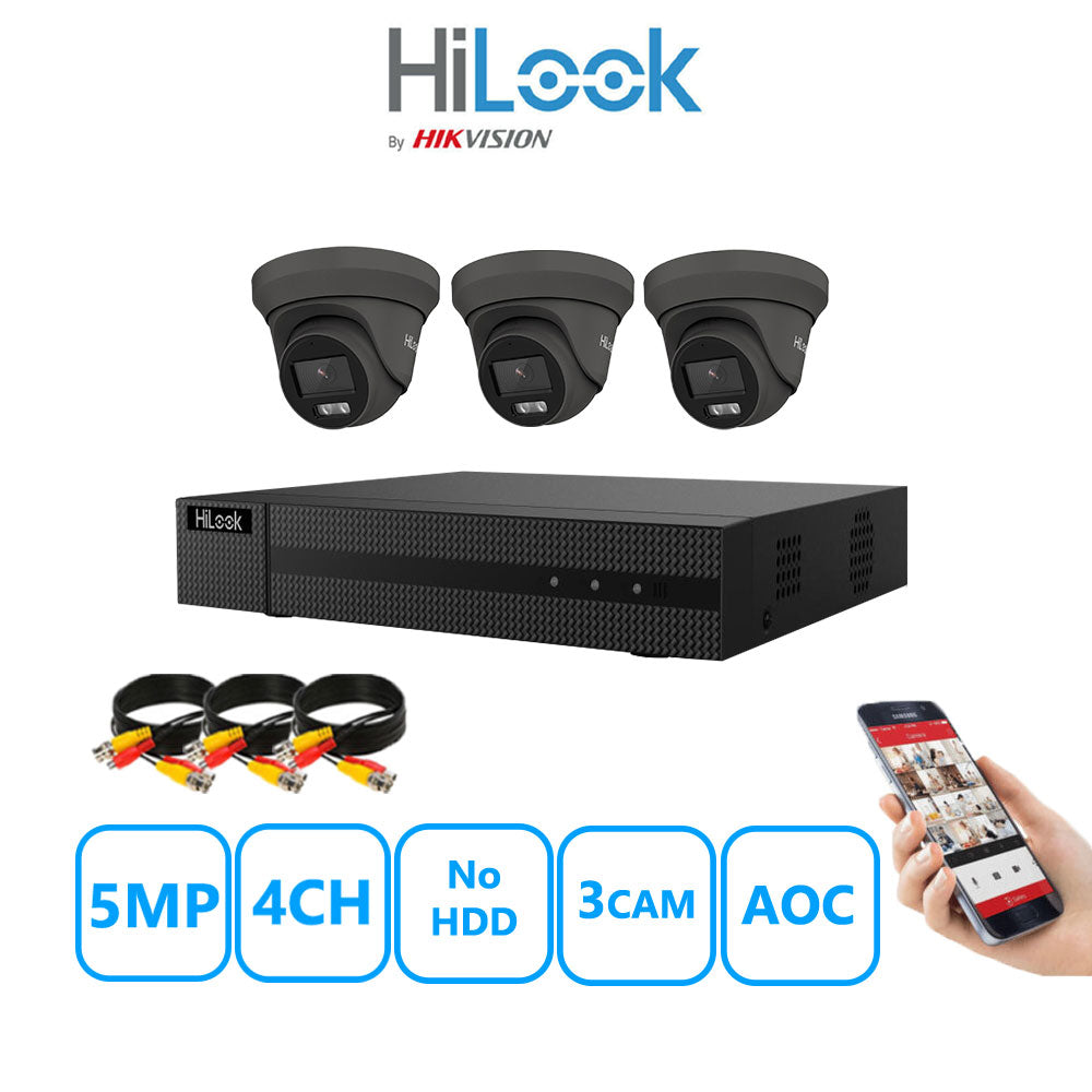 HiLook 5MP CCTV Kit 4 Channel DVR-204Q-M1 with 3 Turret Cameras THC-T259-MS White No HDD Full Kit