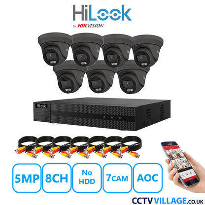 HiLook 5MP CCTV System 8 Channel DVR-208Q-M1 with 7 Turret Cameras THC-T259-MS Grey No HDD Full Kit