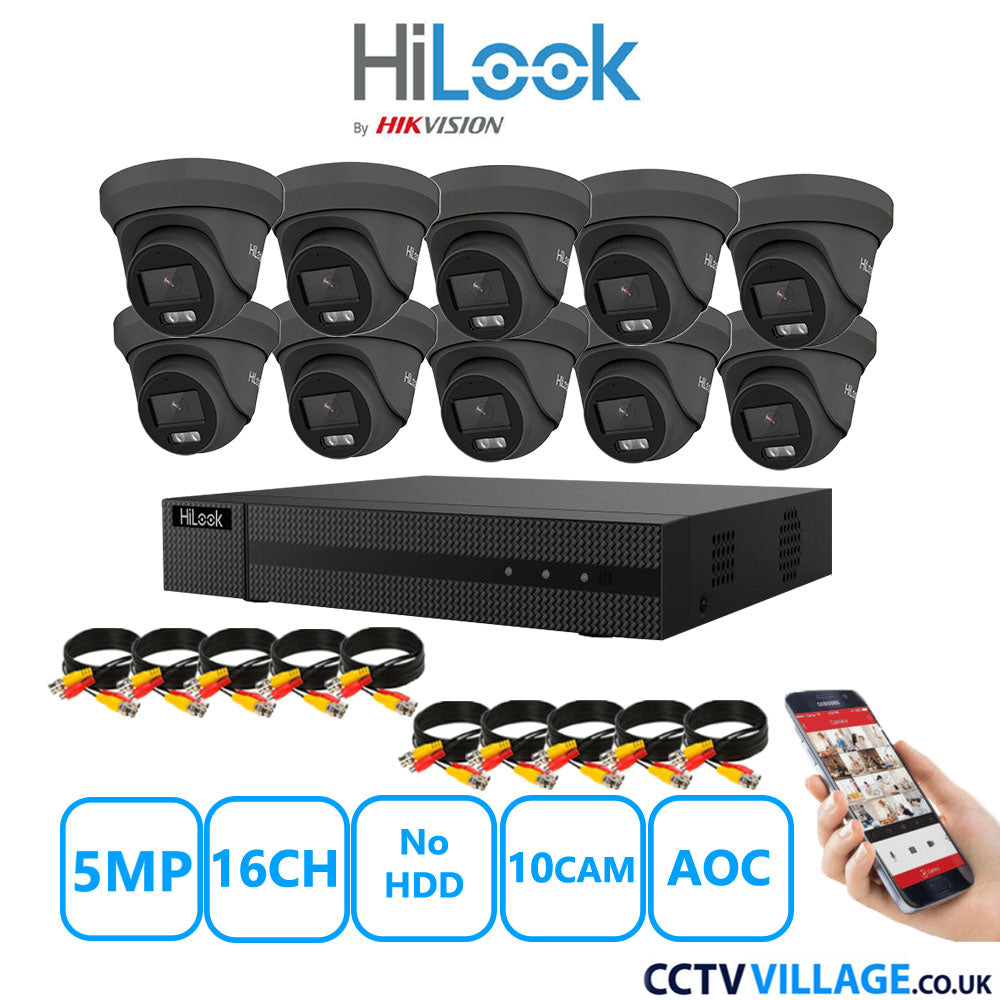 HiLook 5MP CCTV Kit 16 Channel DVR-216Q-M1 with 10 Turret Cameras THC-T259-MS Grey No HDD Full Kit